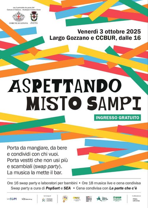 Aspettando Misto Sampi
Locandina dell'evento con le informazioni indicate in descrizione, il titolo è scritto in nero su sfondo bianco con molti caratteri diversi per un effetto giocoso strambo. Le parti vuote della locandina sono occupate da tante linee dritte colorate piuttosto spesse che si sovrappongono tra loro.
