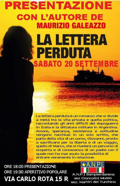 La lettera perduta. presentazione del libro con l'autore Maurizio Galeazzo
Locandina dell'evento su sfondo di una foto dai colori molto contrastati di una nave sul mare al tramonto e una figura umana di profilo 