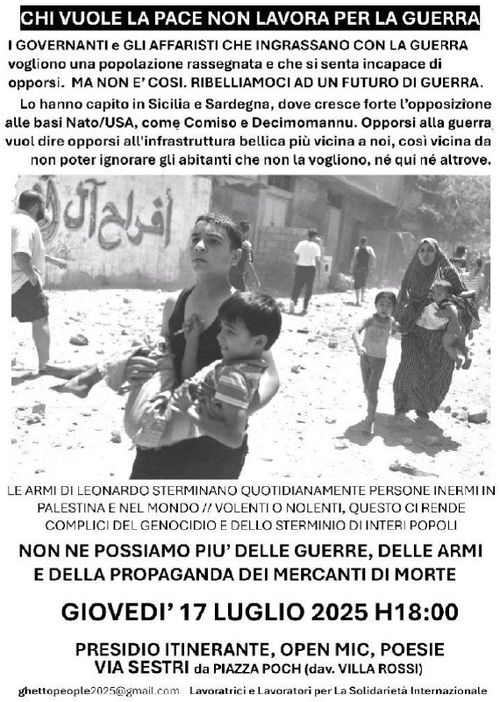 CHI VUOLE LA PACE NON LAVORA PER LA GUERRA

Volantino con il testo riportato in descrizione, interamente in nero su fondo bianco.
Al centro una foto orizzontale di alcune persone in fuga da un bombardamento, in primo piano un ragazzo tiene in braccio un bambino dall'espressione sofferente, dietro di loro una madre con una bambina per mano  e un bimbo piccolo in braccio, su un muro bianco alle loro spalle campeggia una grande scritta in arabo

أُفر لح آل