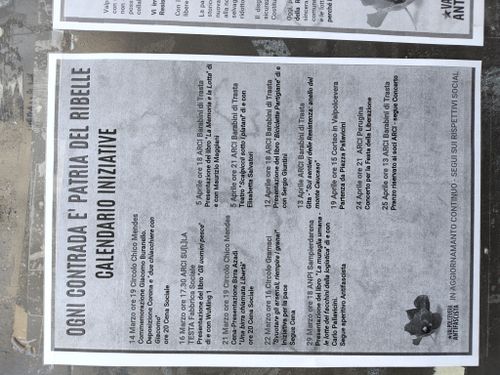 Volantino del calendario iniziative "Ogni contrada è patria del ribelle"
presentazione del libro "La memoria e la lotta" di e con Maurizio Maggiani