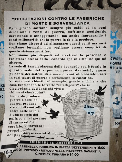 Mobilitazioni contro le fabbriche di morte e sorveglianza
Locandina del comunicato ciclostilata in nero su fondo bianco 
In basso a destra immagine stilizzata del palazzo sede di Leonardo con uccelli neri che lo circondano.